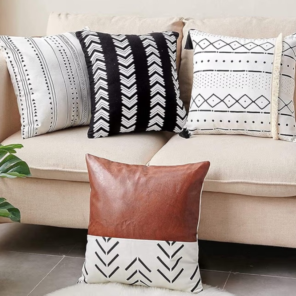 CDWERD Boho 18x18” Pillow Covers Set of 4 Faux Leather, linen, Fringe Tassels - Picture 14 of 16